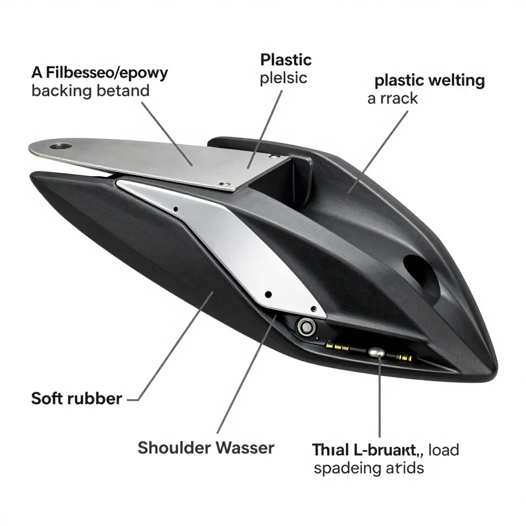 Technical diagram of a fairing mounting tab showing seven reinforcement methods: fiberglass/epoxy backing, plastic welding, aluminum reinforcement plate, flexible adhesive, rubber grommet, shoulder washer, and L-bracket