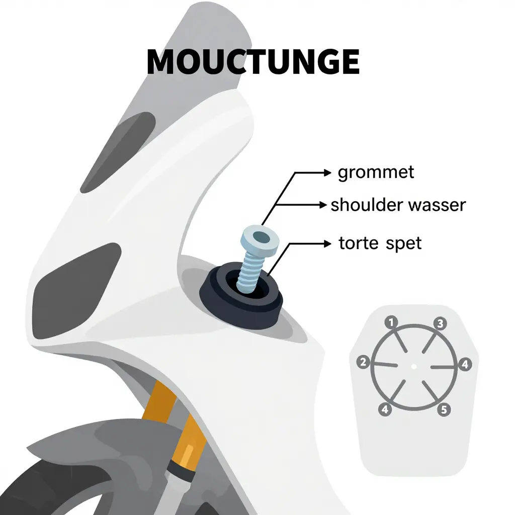 Proper fairing mounting tab installation showing a bolt through a soft rubber grommet and shoulder washer, with a numbered star torque sequence diagram