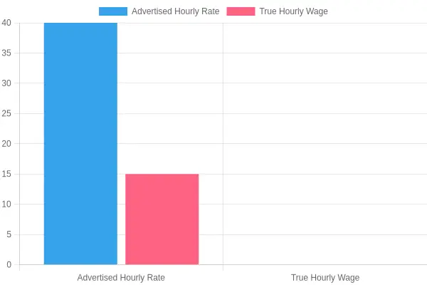 Bar chart comparing advertised hourly rate of $40 against a true hourly wage of $15