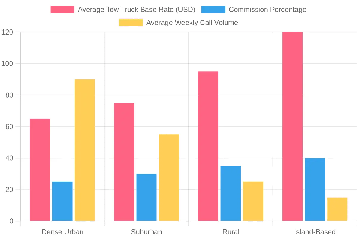 Grouped bar chart titled Tow Truck Driver Pay by Market Type, comparing dense urban, suburban, rural, and island-based markets across average tow truck base rate, commission percentage, and average weekly call volume