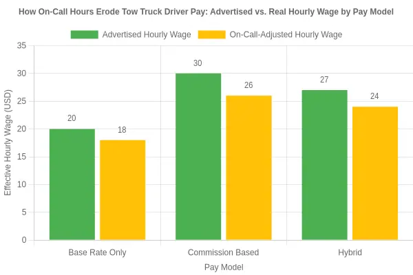 How On-Call Hours Erode Tow Truck Driver Pay: Advertised vs. Real Hourly Wage by Pay Model