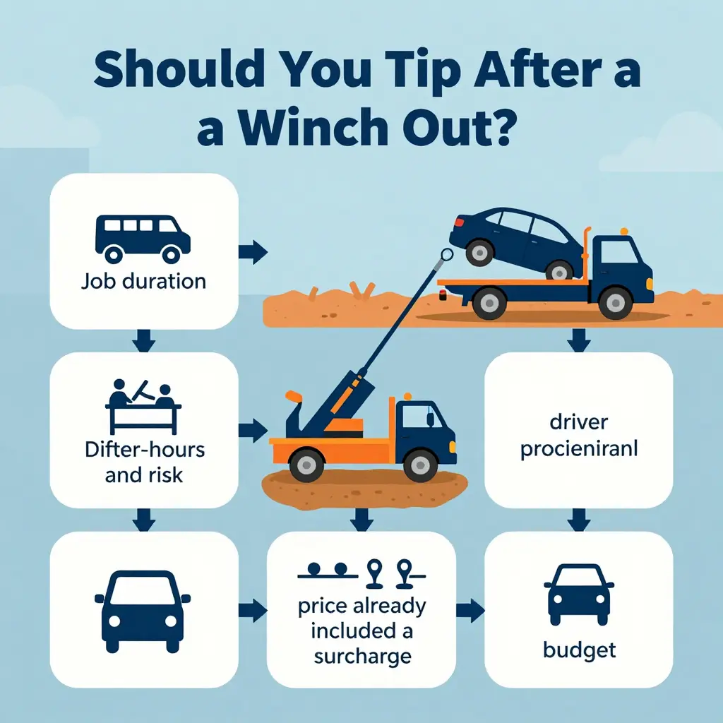 Flowchart of factors that influence a tow truck driver tip after a winch out, including duration, difficulty, weekend timing, professionalism, surcharges, and budget