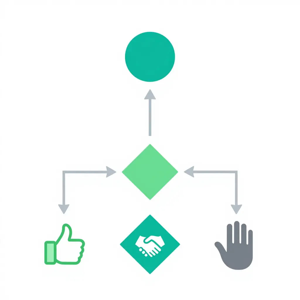 A minimalist flat 2D decision-flow diagram showing how to decide whether to tip a tow truck driver, with diamond decision nodes branching into green thumbs-up and gray no-tip outcome icons.