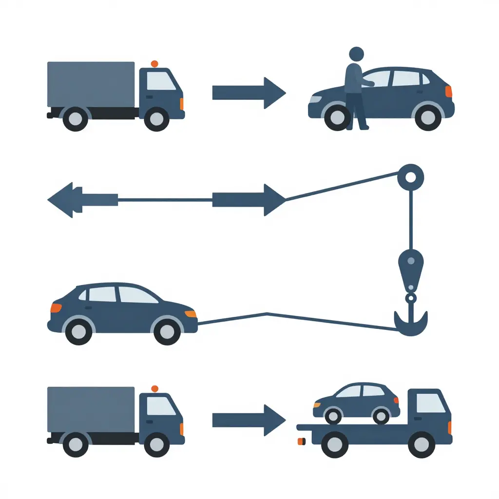 Simple flat 2D diagram of the winch-out recovery workflow showing five stages connected by arrows