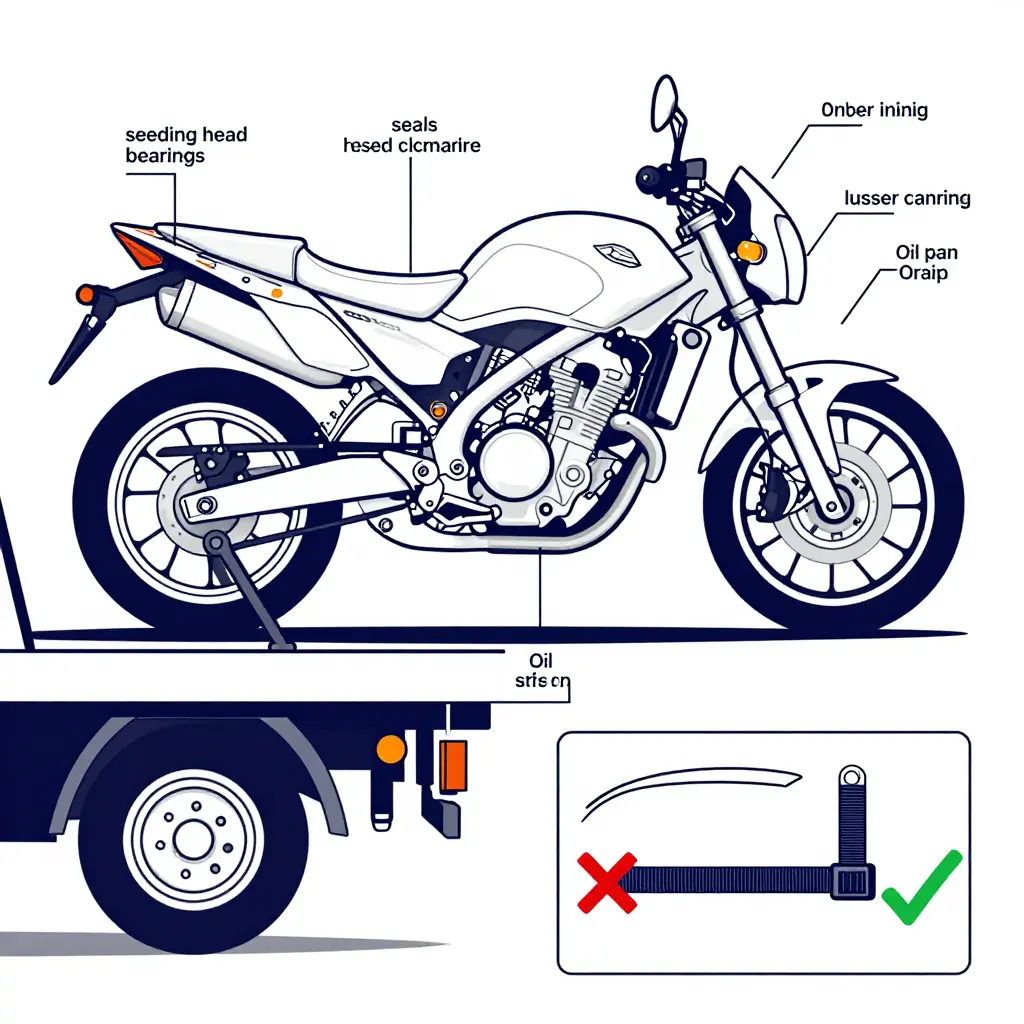 Diagram of wheel lift towing stress points and proper soft strap placement around the lower triple clamp