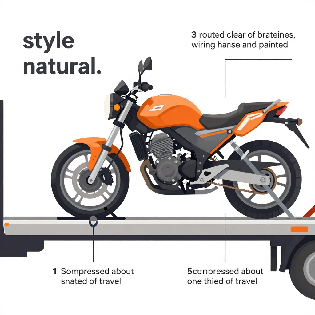 Technical diagram of a motorcycle secured on a flatbed deck showing a straight front wheel seated in the chock, soft strap loops around the fork tubes, and straps routed clear of brake lines, wiring and painted panels