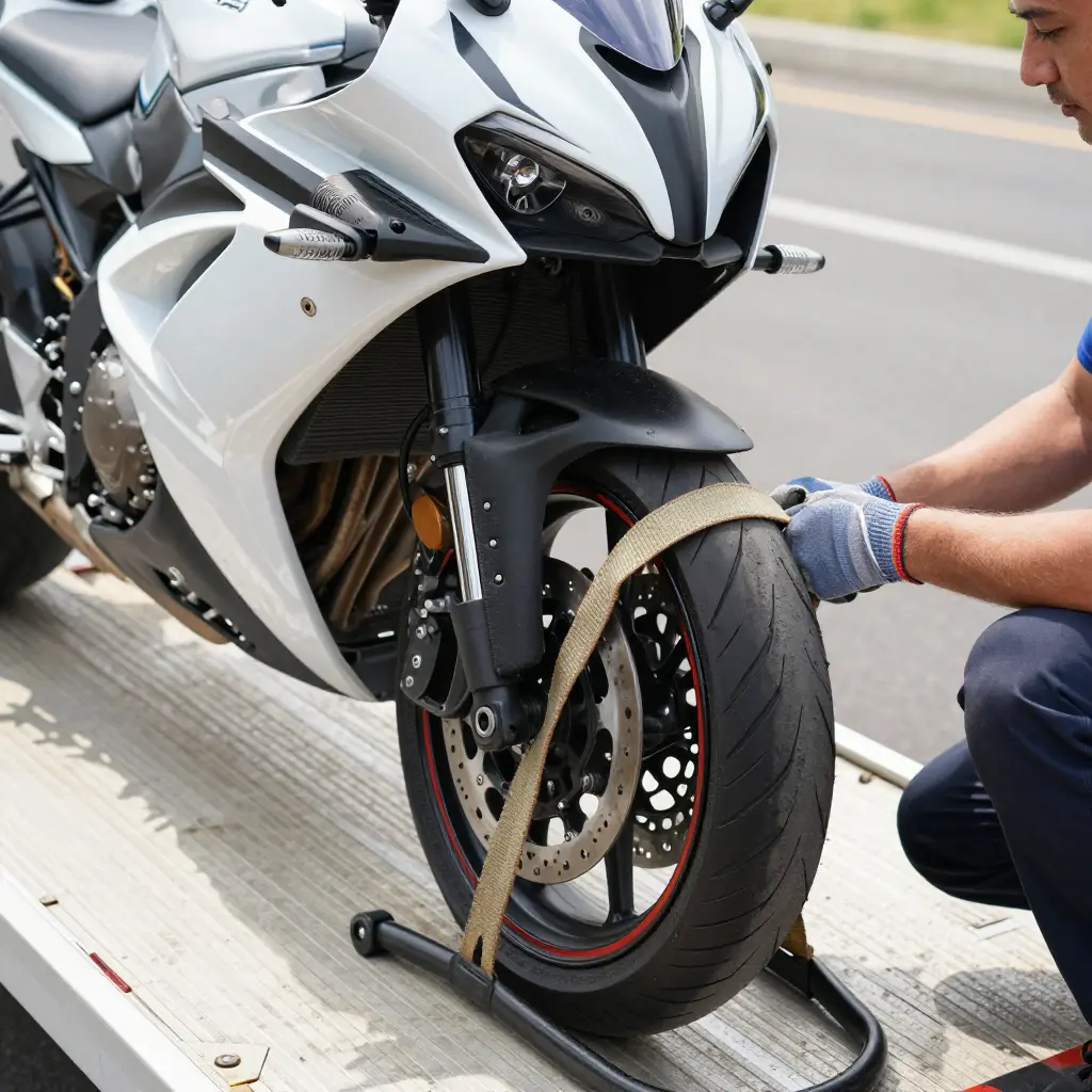 Sport motorcycle secured on a flatbed tow truck with soft straps and foam padding protecting the fairing