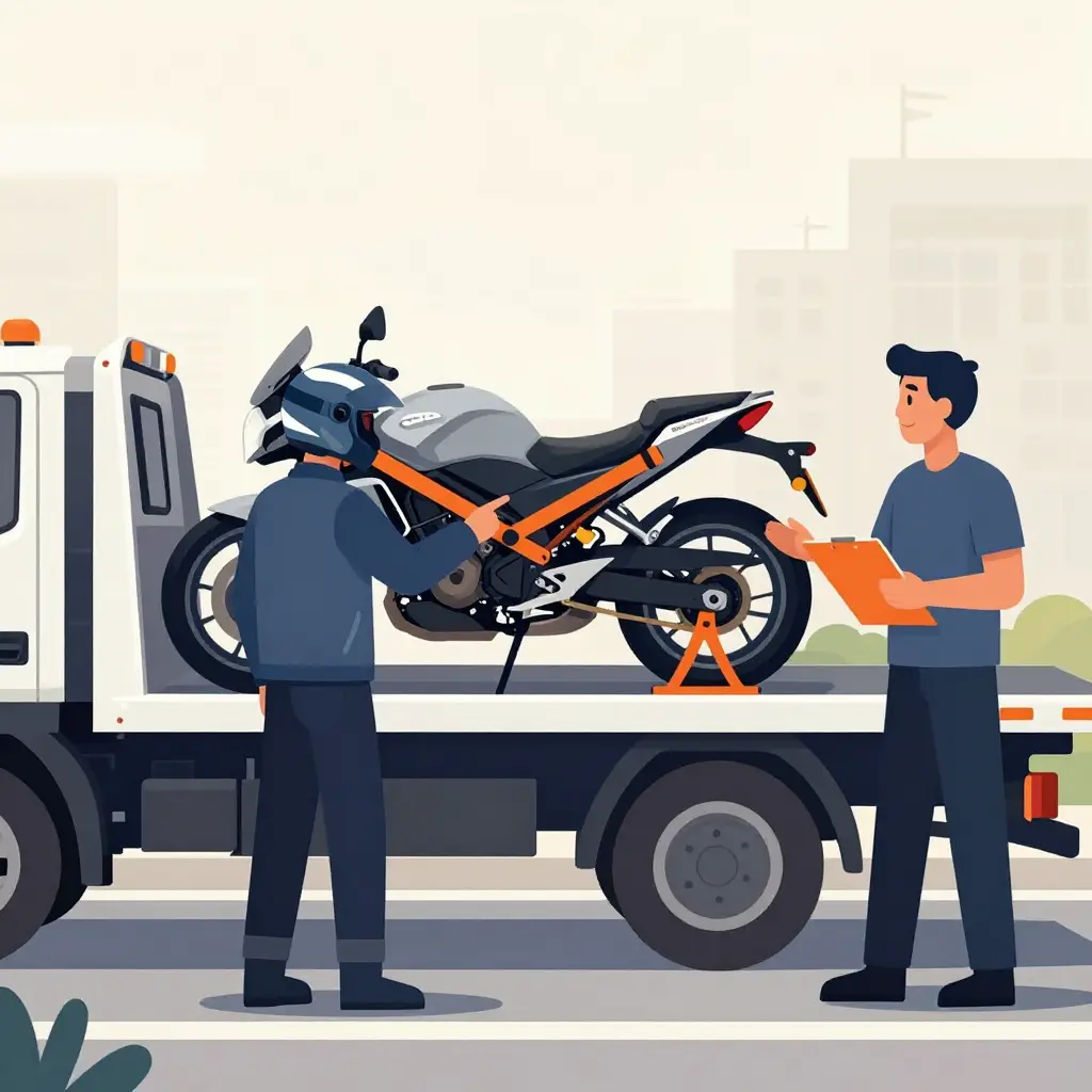 Rider checking the wheel chock and soft straps on a flatbed tow truck before loading a motorcycle
