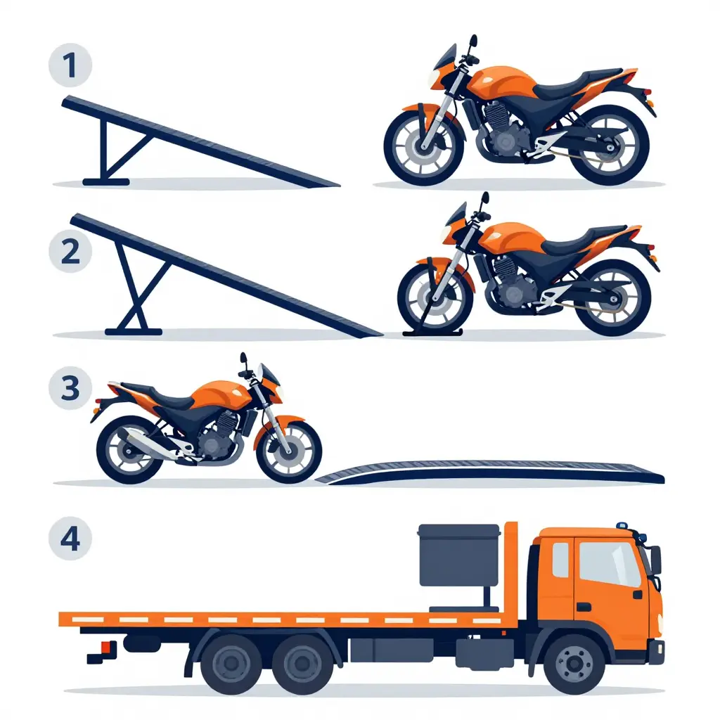 Four-step diagram showing a motorcycle rolled onto a tilting flatbed deck, the front wheel secured in a chock, and the deck leveled for transport