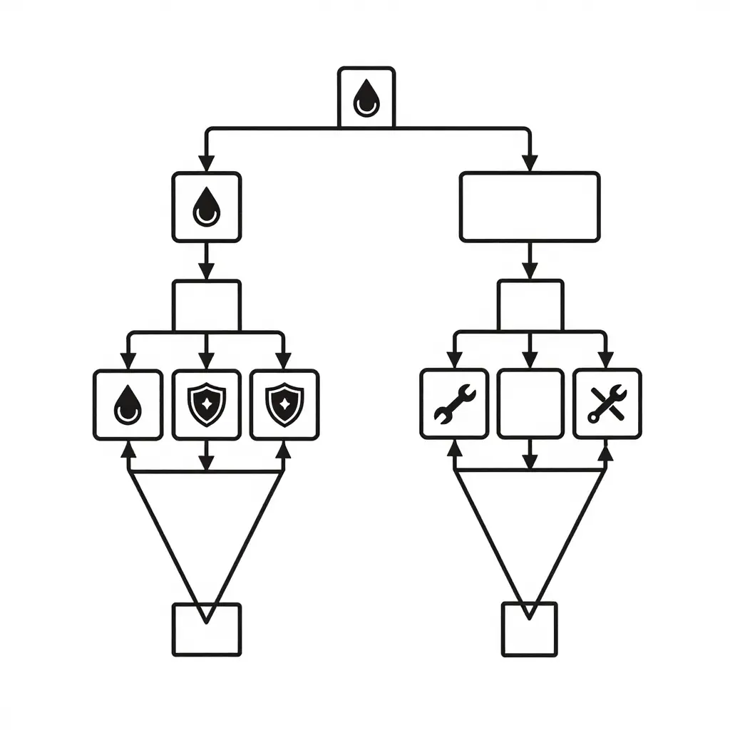 A minimalist two-dimensional line-art diagram showing gross towing revenue flowing through fuel, insurance, and maintenance deductions along two parallel arrow paths and arriving at net income.