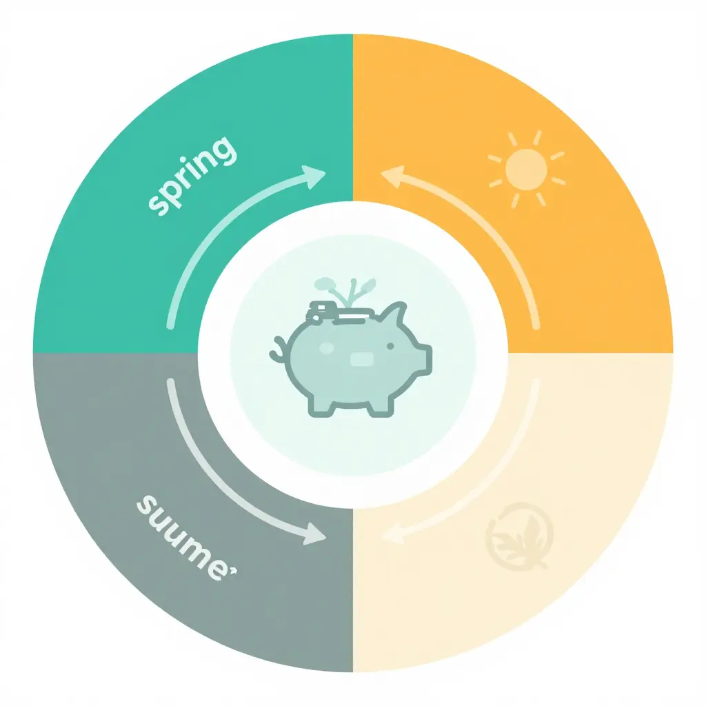 Flat two-dimensional cash flow cycle diagram for an island tow truck business showing four seasonal segments around a central reserve pool with arrows moving peak-season revenue into the reserve and reserve funds out to the low-season months, using simple icons and a limited flat color palette with no text
