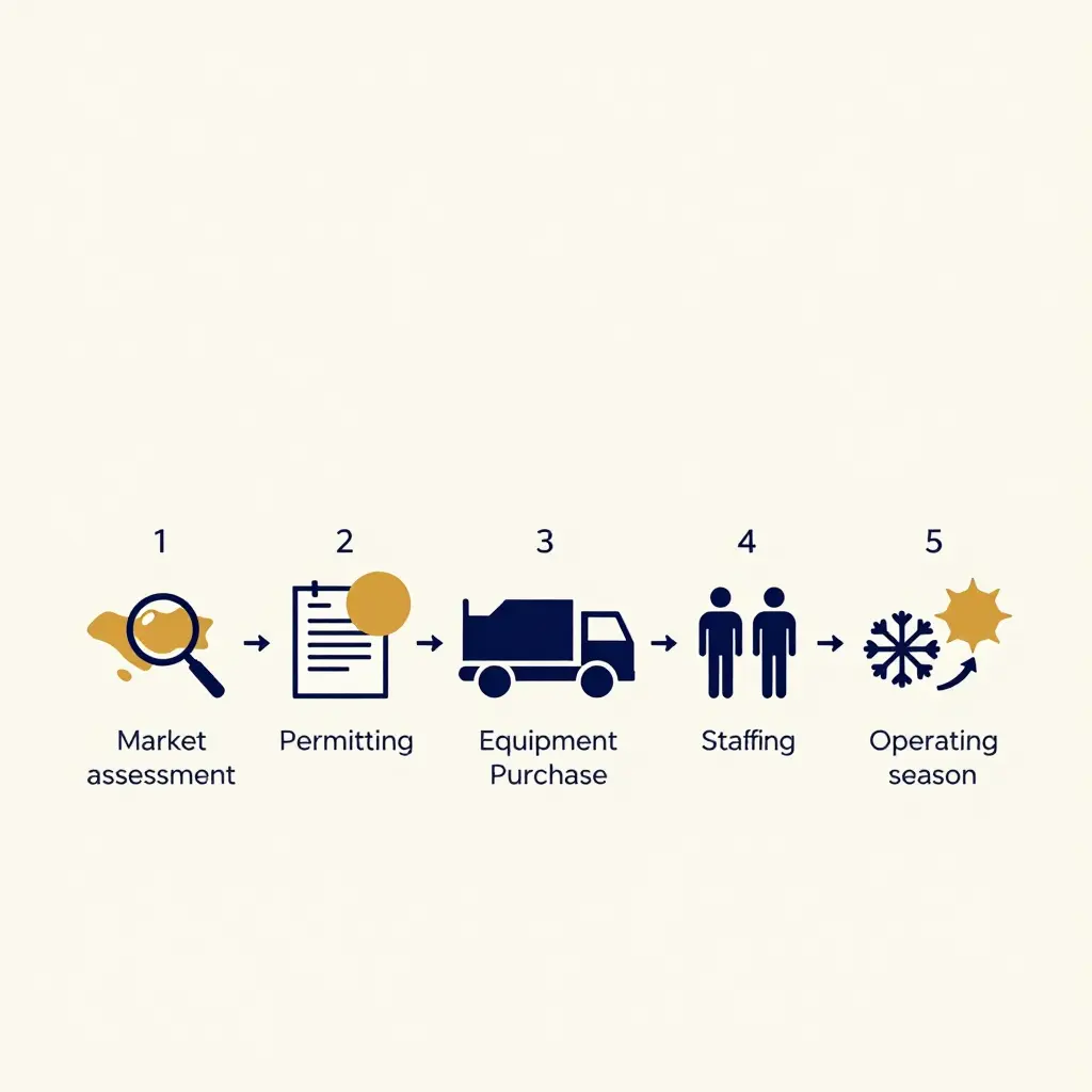 Flat 2D five-stage launch roadmap for starting an island tow truck business, flowing left to right through market assessment, permitting, equipment purchase, staffing, and the first operating season, with bold circular markers highlighting the permitting and winter cash flow stages