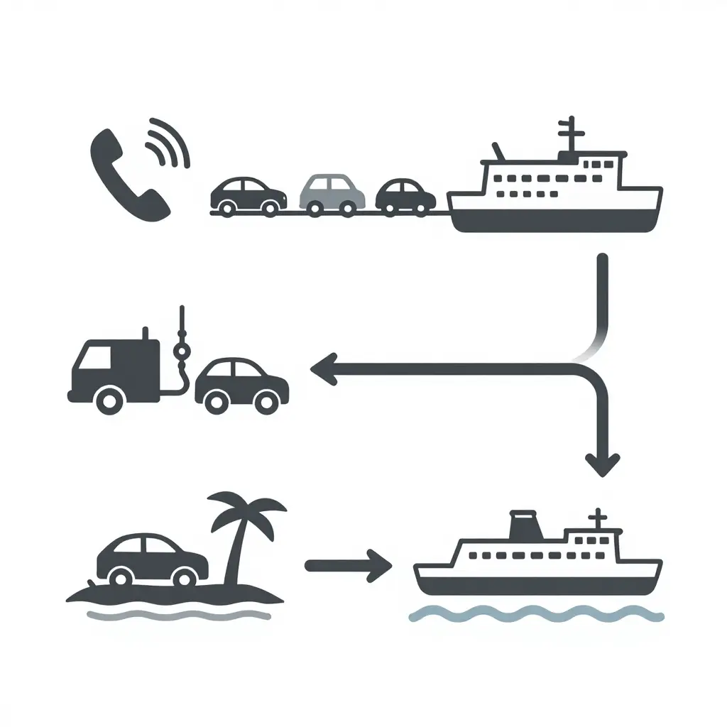 A simple 2D schematic showing the ferry-based towing workflow: a dispatch call, vehicles queued at the dock beside a ferry, a tow truck recovering a stranded car on the island shore, and the ferry crossing back over the water.